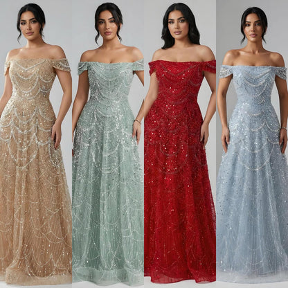 Luxury Nude Off Shoulder Beaded A-Line Evening Dress LA72983C