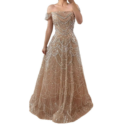 Luxury Nude Off Shoulder Beaded A-Line Evening Dress LA72983C