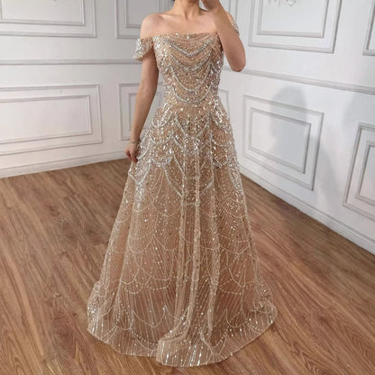 Luxury Nude Off Shoulder Beaded A-Line Evening Dress LA72983C