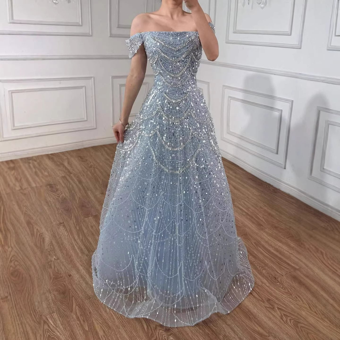 Luxury Nude Off Shoulder Beaded A-Line Evening Dress LA72983C