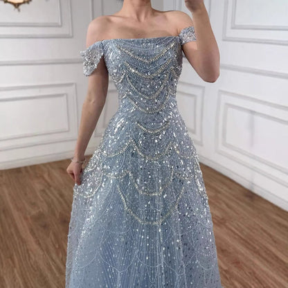 Luxury Nude Off Shoulder Beaded A-Line Evening Dress LA72983C