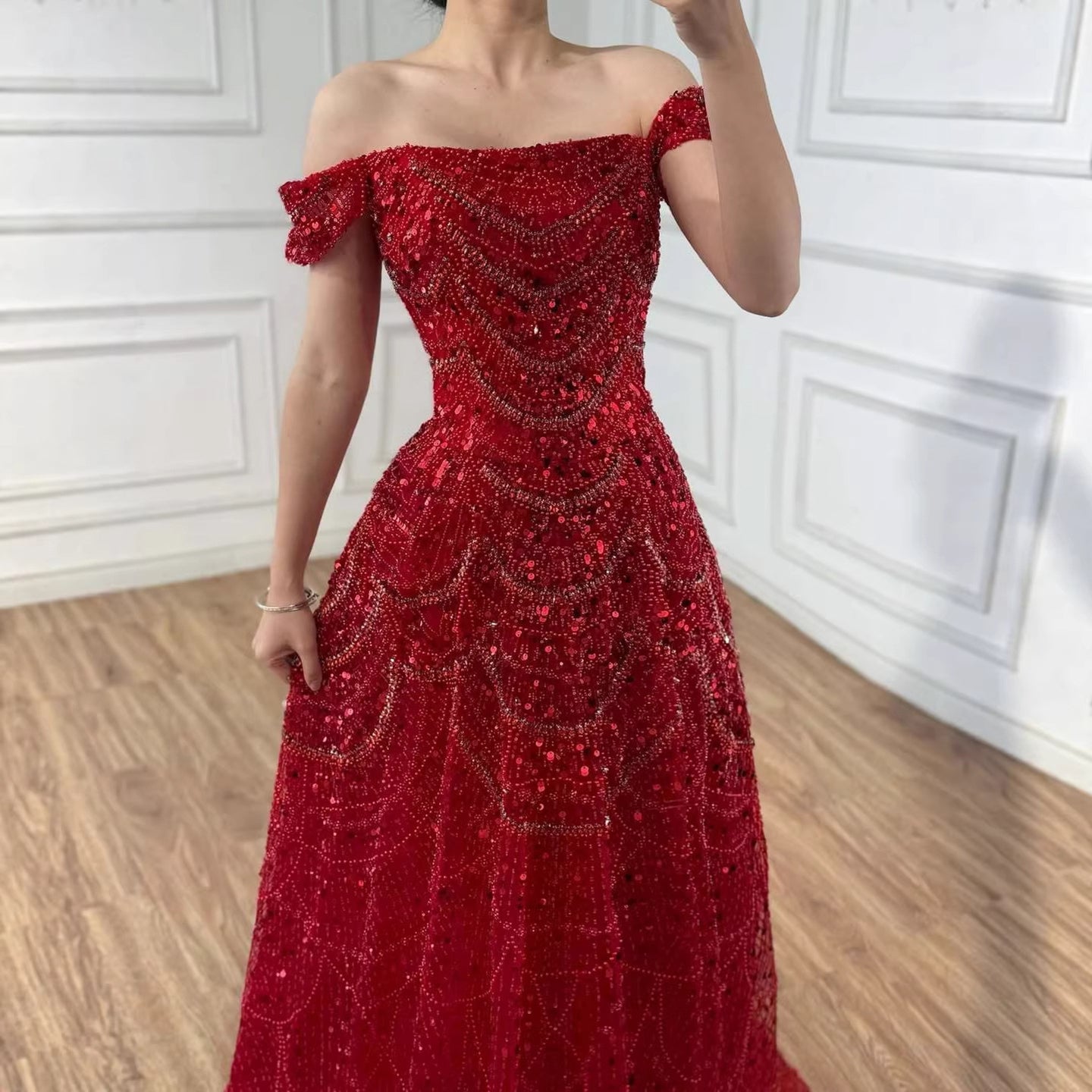 Luxury Nude Off Shoulder Beaded A-Line Evening Dress LA72983C