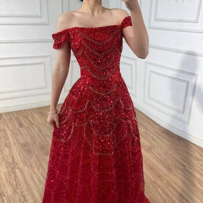 Luxury Nude Off Shoulder Beaded A-Line Evening Dress LA72983C