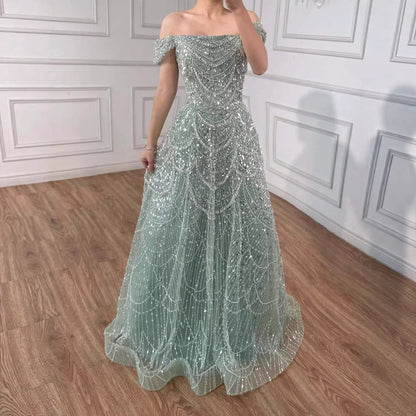 Luxury Nude Off Shoulder Beaded A-Line Evening Dress LA72983C