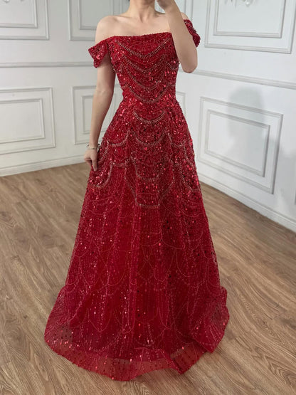 Luxury Nude Off Shoulder Beaded A-Line Evening Dress LA72983C