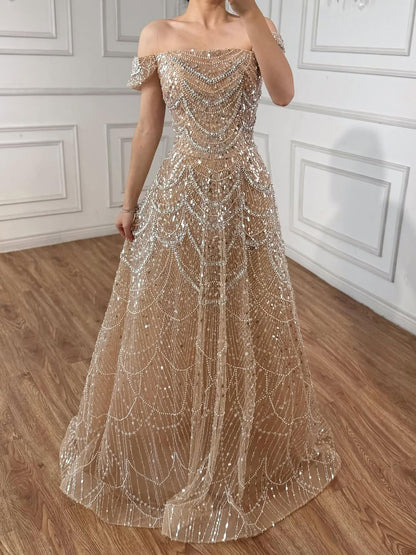 Luxury Nude Off Shoulder Beaded A-Line Evening Dress LA72983C