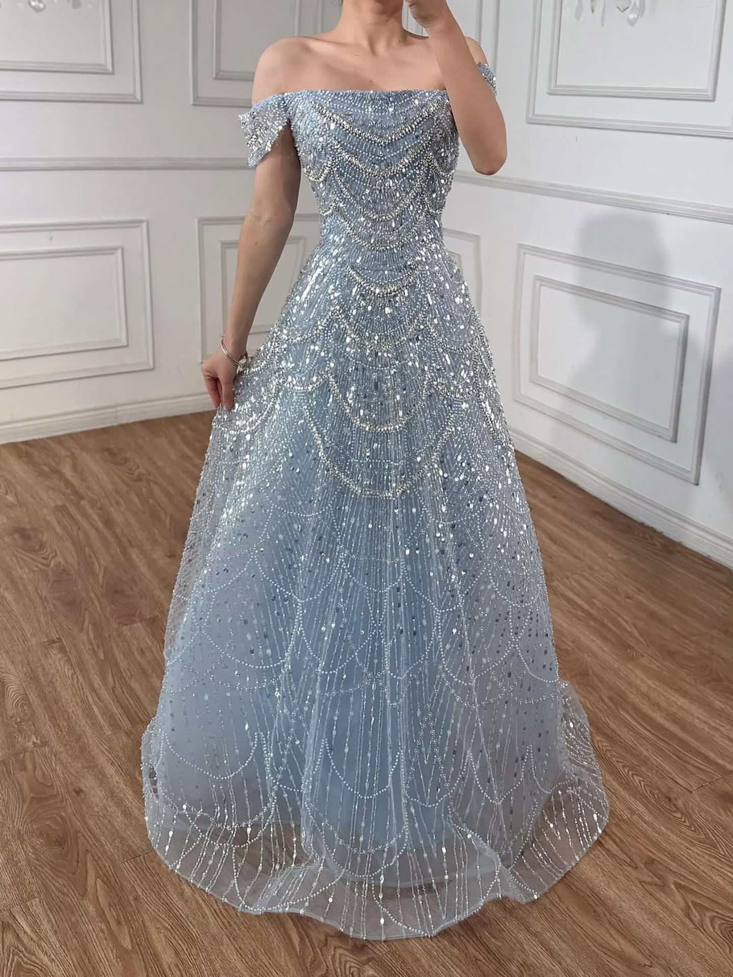 Luxury Nude Off Shoulder Beaded A-Line Evening Dress LA72983C