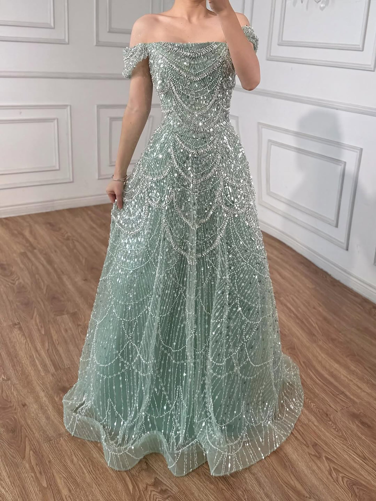 Luxury Nude Off Shoulder Beaded A-Line Evening Dress LA72983C