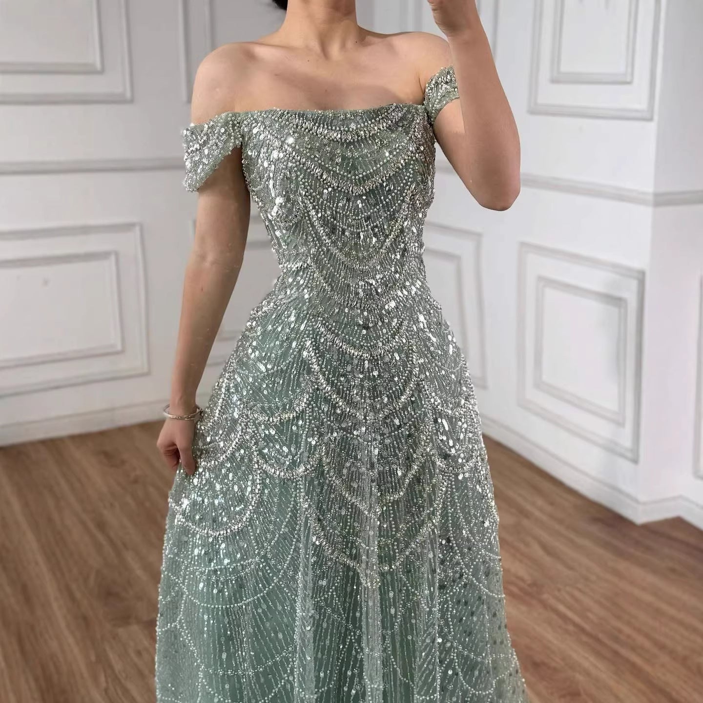 Luxury Nude Off Shoulder Beaded A-Line Evening Dress LA72983C