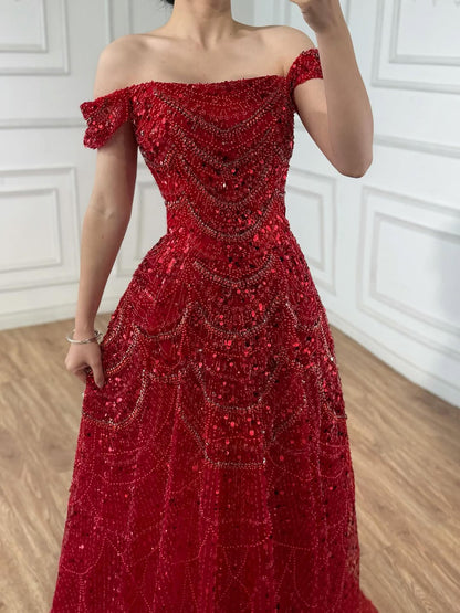 Luxury Nude Off Shoulder Beaded A-Line Evening Dress LA72983C