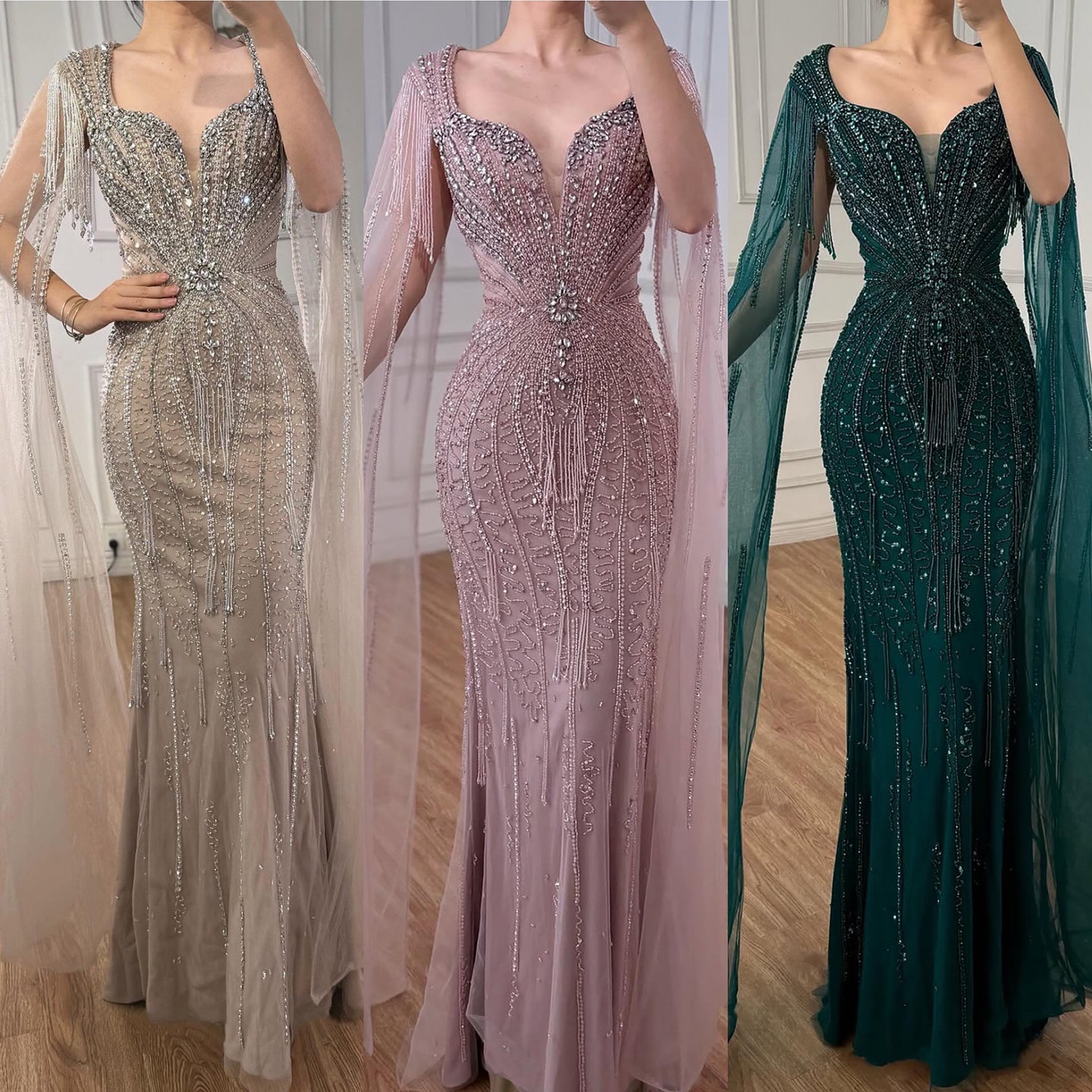 Luxury Caramel Beaded Evening Dress With Cape LA72992A