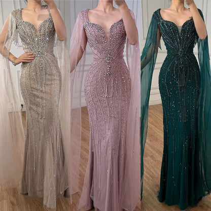 Luxury Caramel Beaded Evening Dress With Cape LA72992A