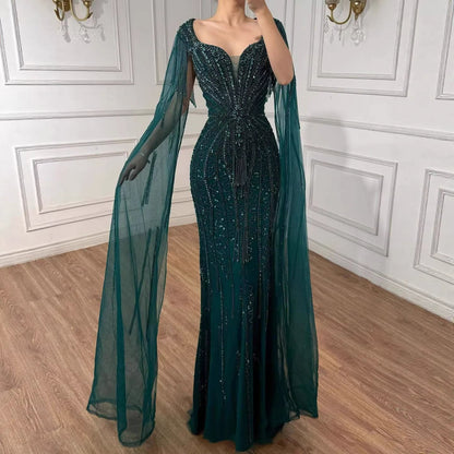 Luxury Caramel Beaded Evening Dress With Cape LA72992A