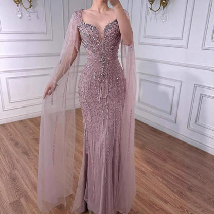 Luxury Caramel Beaded Evening Dress With Cape LA72992A
