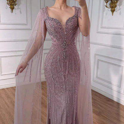 Luxury Caramel Beaded Evening Dress With Cape LA72992A