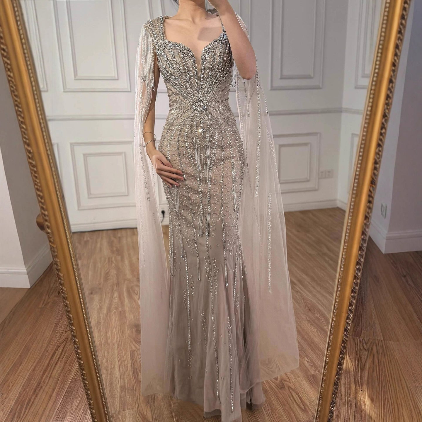 Luxury Caramel Beaded Evening Dress With Cape LA72992A