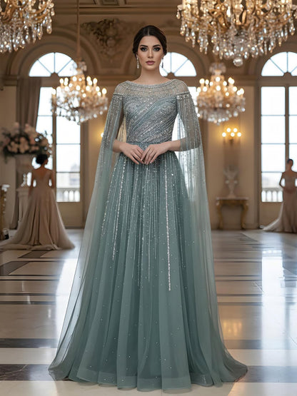 Luxury Caramel Beaded Evening Dress with Cape LA72994