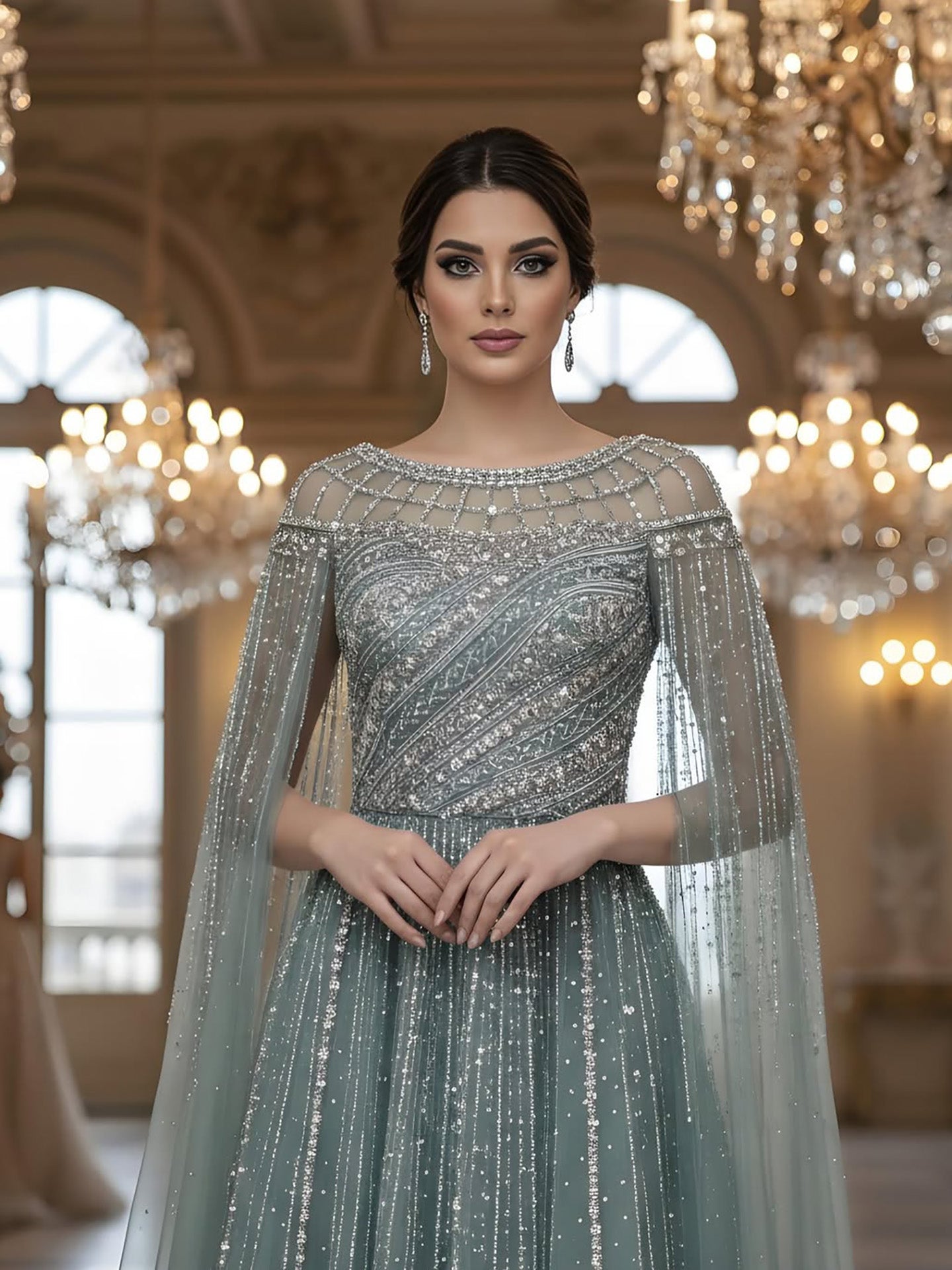 Luxury Caramel Beaded Evening Dress with Cape LA72994