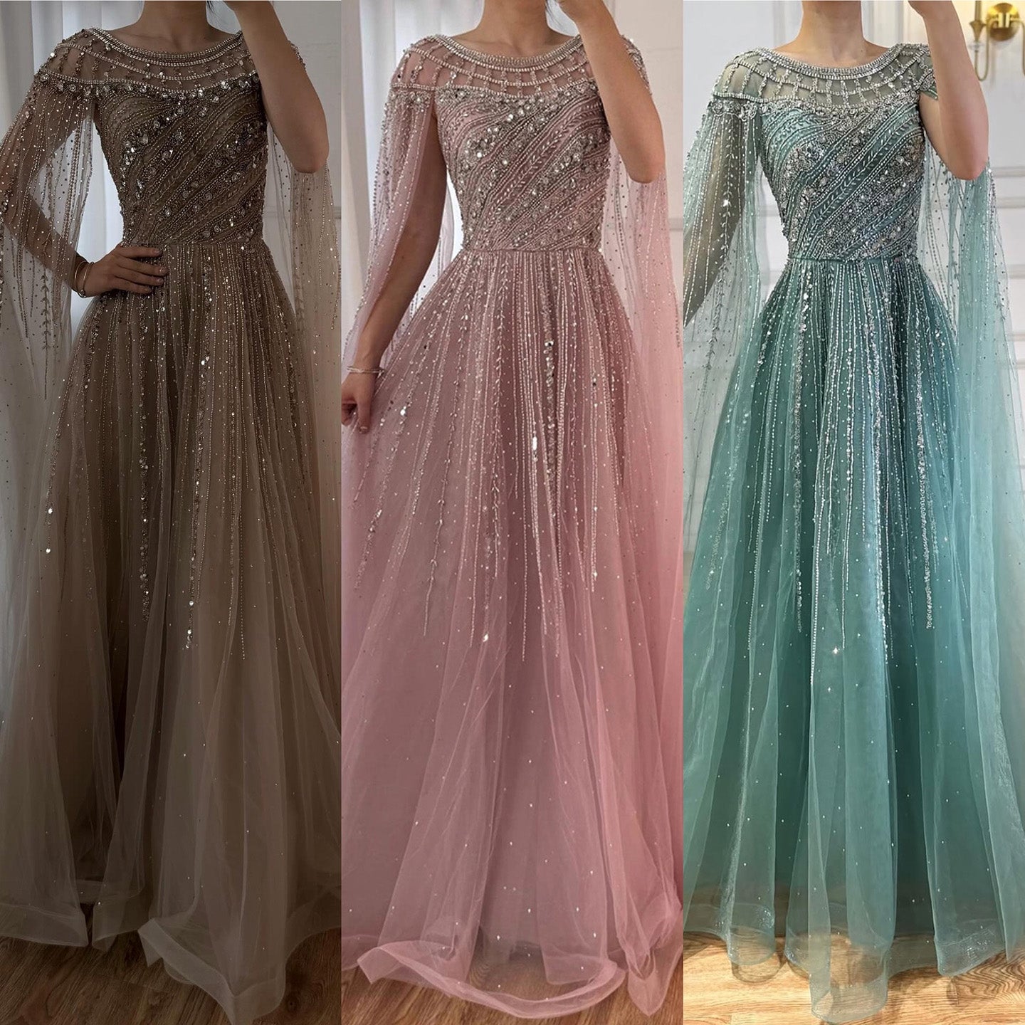 Luxury Caramel Beaded Evening Dress with Cape LA72994