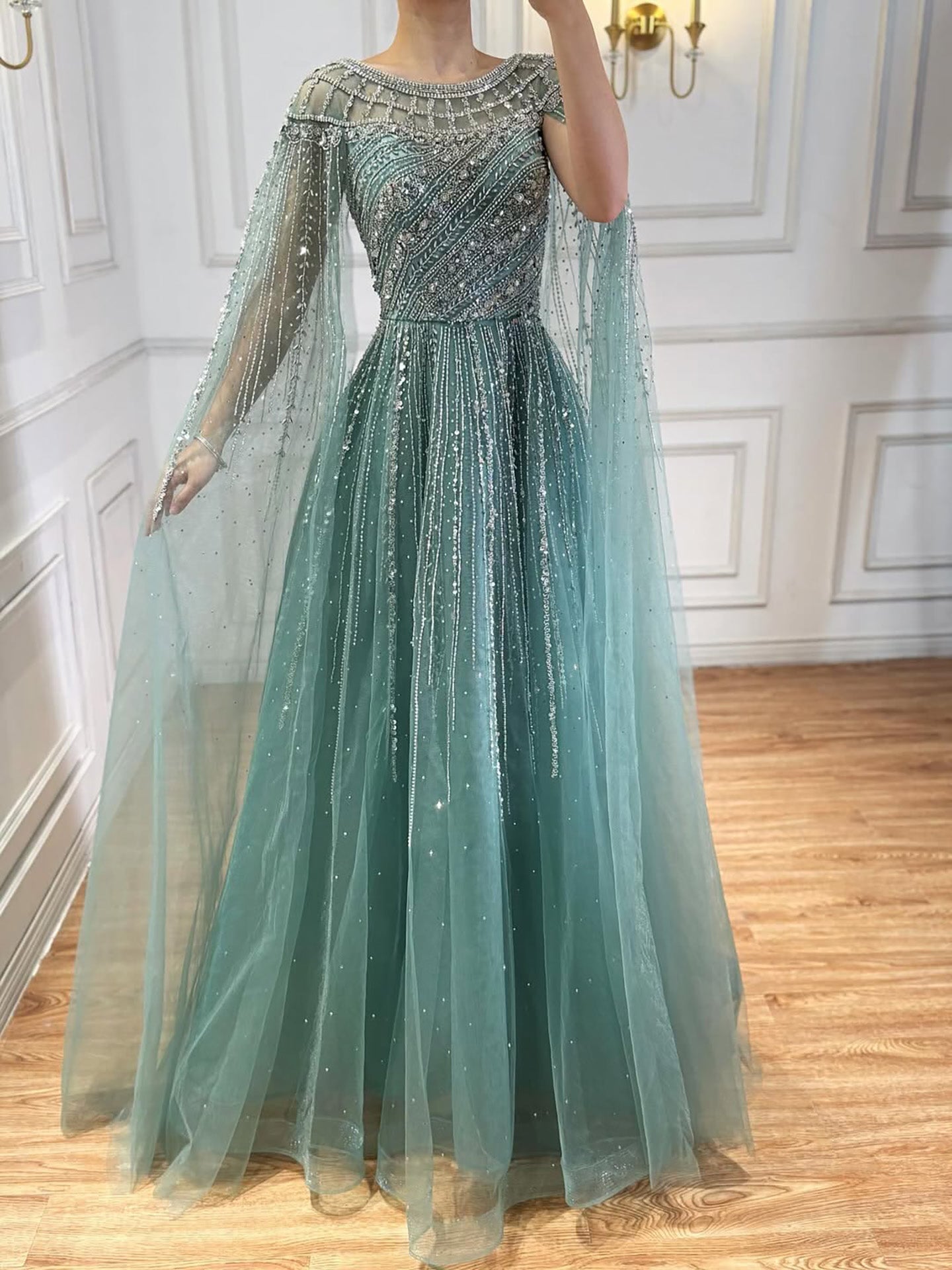 Luxury Caramel Beaded Evening Dress with Cape LA72994