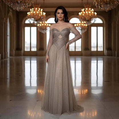 Luxury Caramel Beaded A-Line Evening Dress Long Sleeves LA73038A