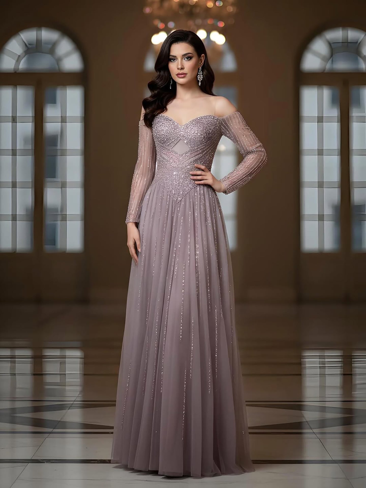 Luxury Caramel Beaded A-Line Evening Dress Long Sleeves LA73038A