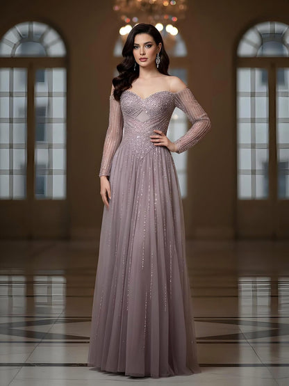 Luxury Caramel Beaded A-Line Evening Dress Long Sleeves LA73038A