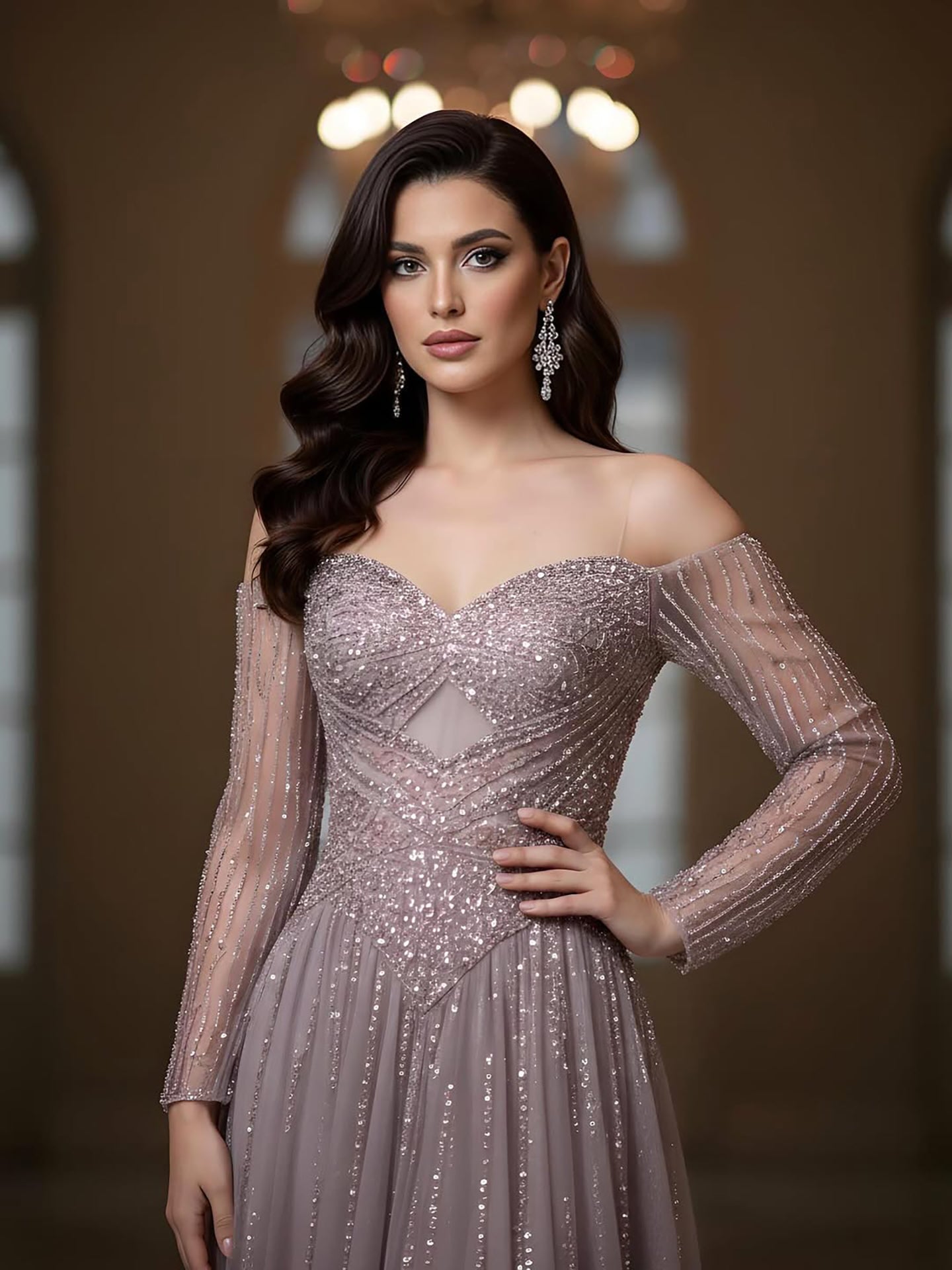 Luxury Caramel Beaded A-Line Evening Dress Long Sleeves LA73038A