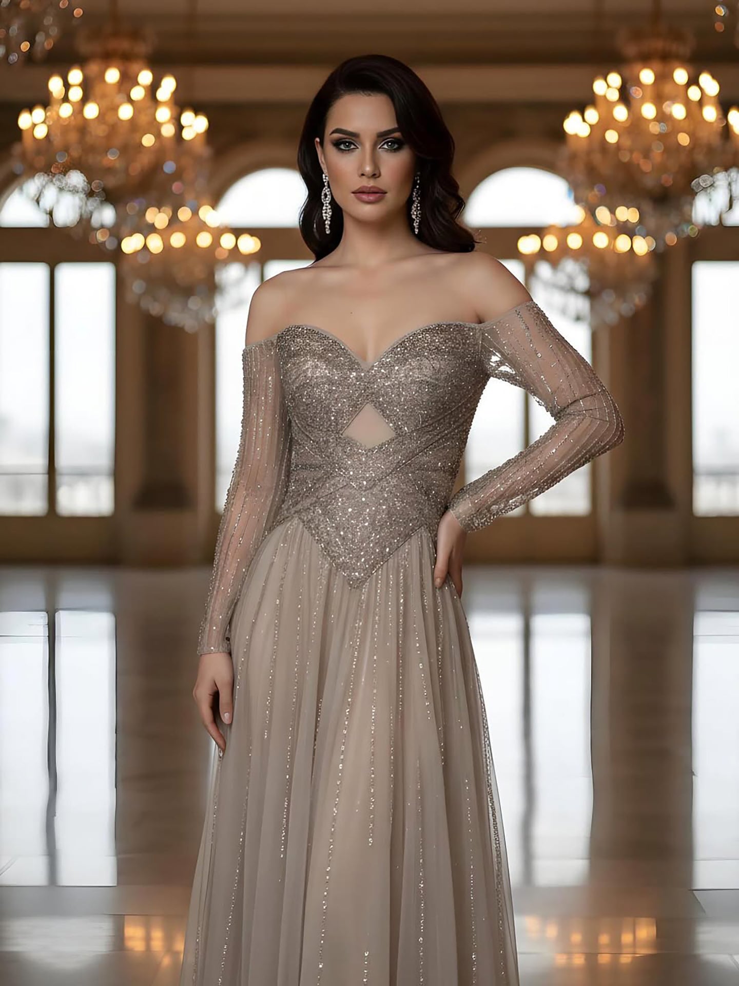 Luxury Caramel Beaded A-Line Evening Dress Long Sleeves LA73038A