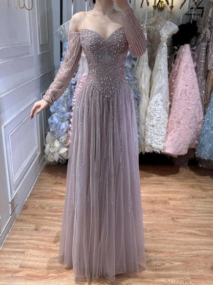 Luxury Caramel Beaded A-Line Evening Dress Long Sleeves LA73038A