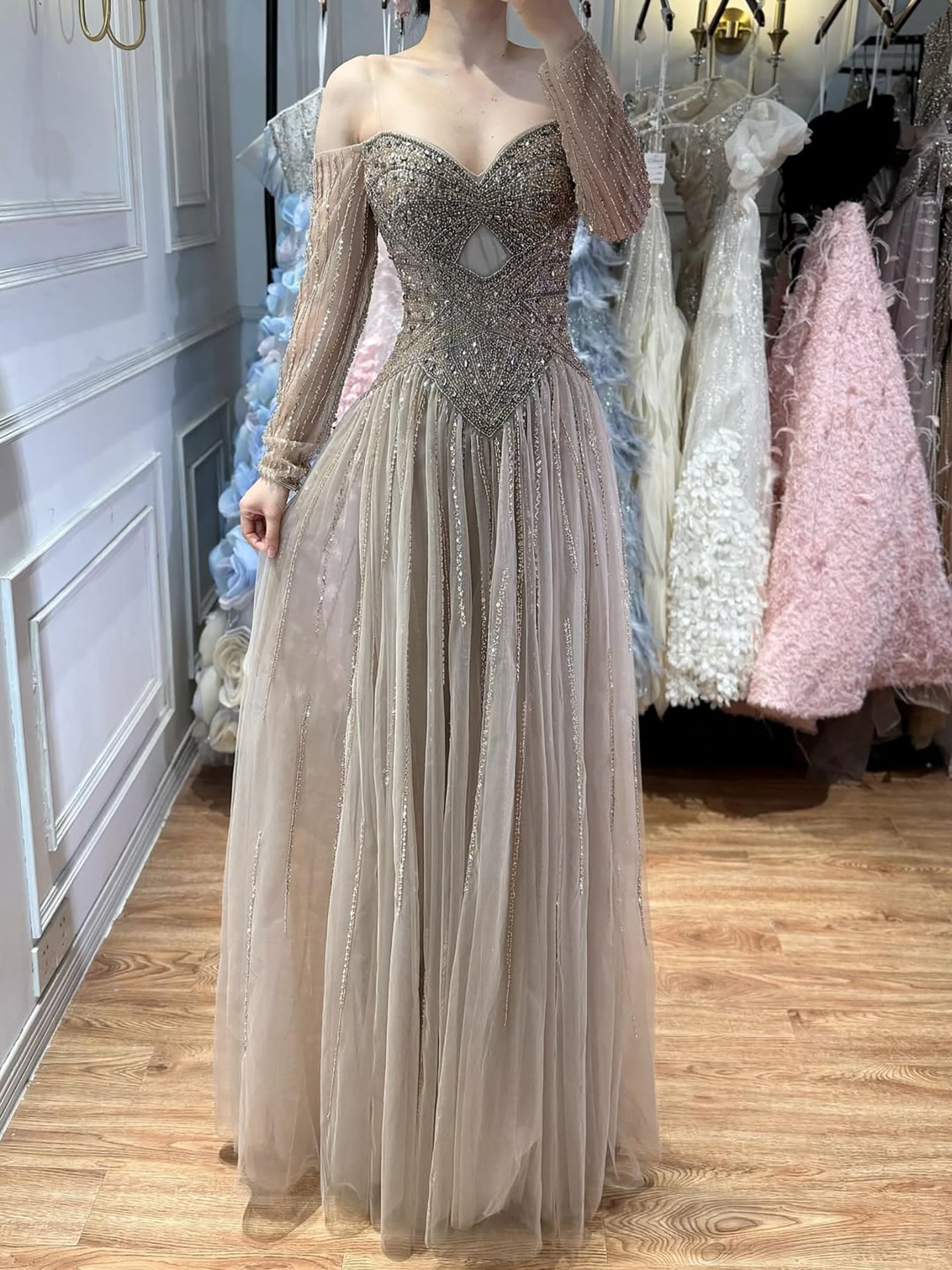 Luxury Caramel Beaded A-Line Evening Dress Long Sleeves LA73038A