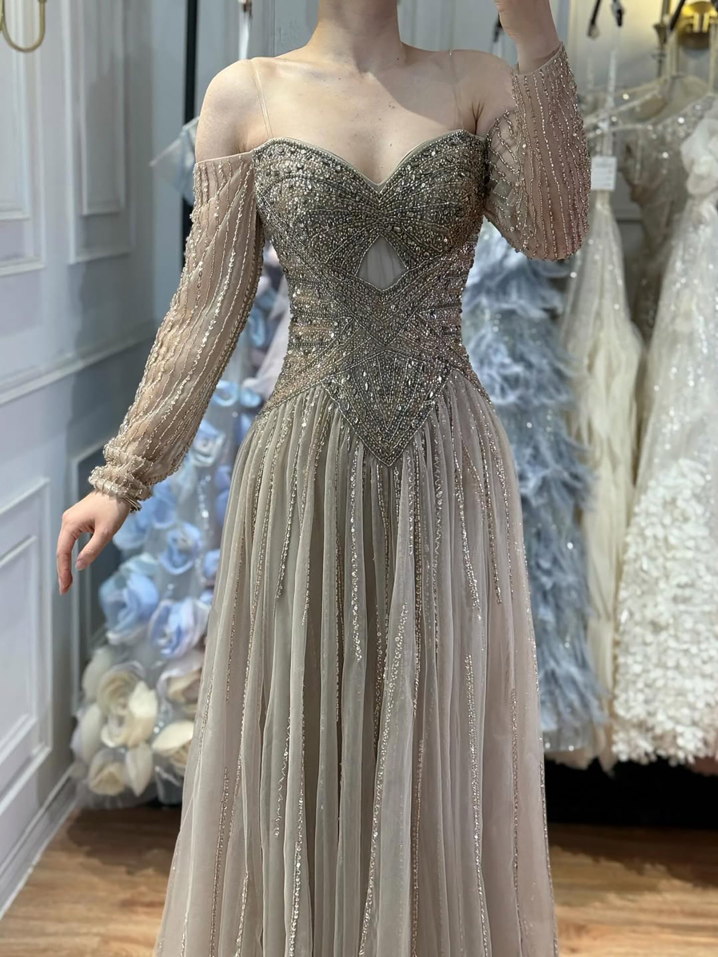 Luxury Caramel Beaded A-Line Evening Dress Long Sleeves LA73038A