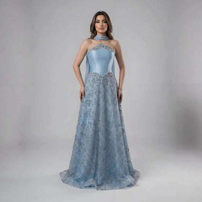 Luxuriöses, trägerloses, perlenbesetztes A-Linien-Abendkleid in arabischem Blau mit Schal LA73050F