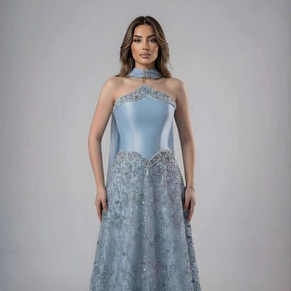 Luxuriöses, trägerloses, perlenbesetztes A-Linien-Abendkleid in arabischem Blau mit Schal LA73050F