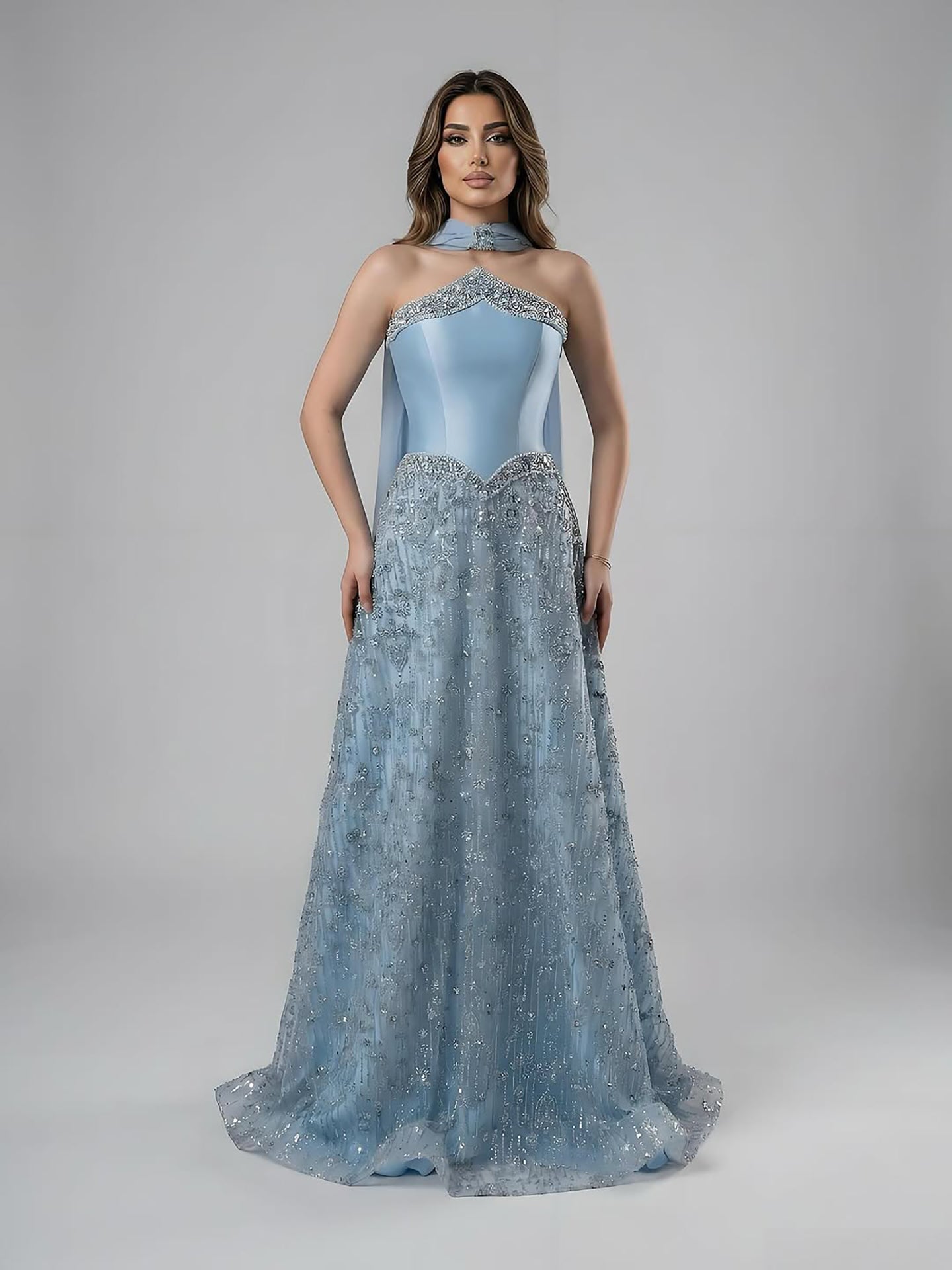 Luxuriöses, trägerloses, perlenbesetztes A-Linien-Abendkleid in arabischem Blau mit Schal LA73050F