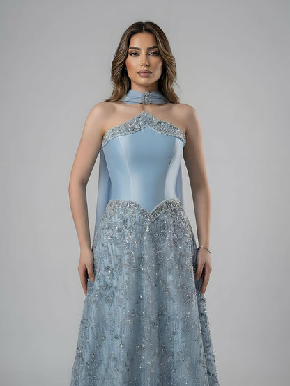 Luxuriöses, trägerloses, perlenbesetztes A-Linien-Abendkleid in arabischem Blau mit Schal LA73050F
