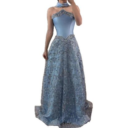 Luxuriöses, trägerloses, perlenbesetztes A-Linien-Abendkleid in arabischem Blau mit Schal LA73050F