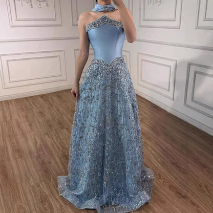 Luxuriöses, trägerloses, perlenbesetztes A-Linien-Abendkleid in arabischem Blau mit Schal LA73050F