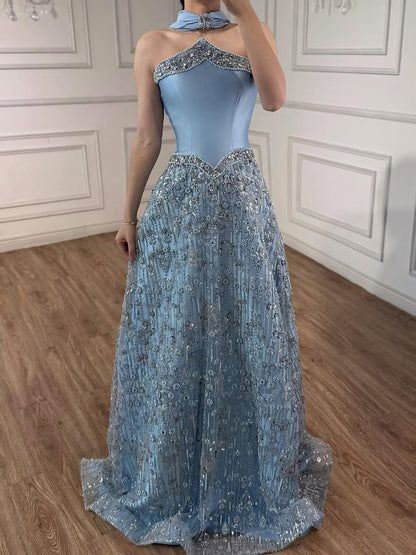 Luxuriöses, trägerloses, perlenbesetztes A-Linien-Abendkleid in arabischem Blau mit Schal LA73050F
