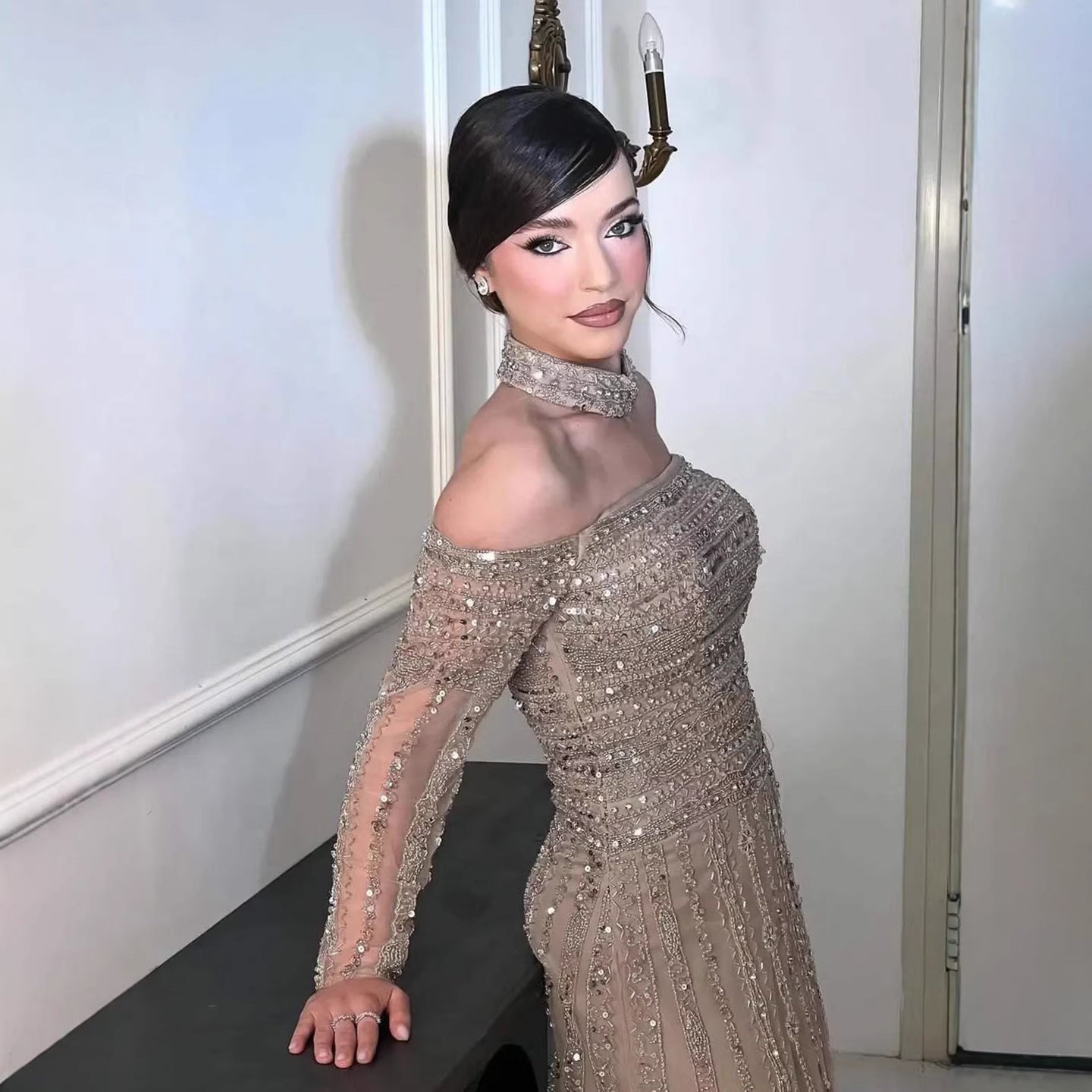 Luxury Caramel Off Shoulder Beaded Mermaid Evening Dress Long Sleeves LA73053