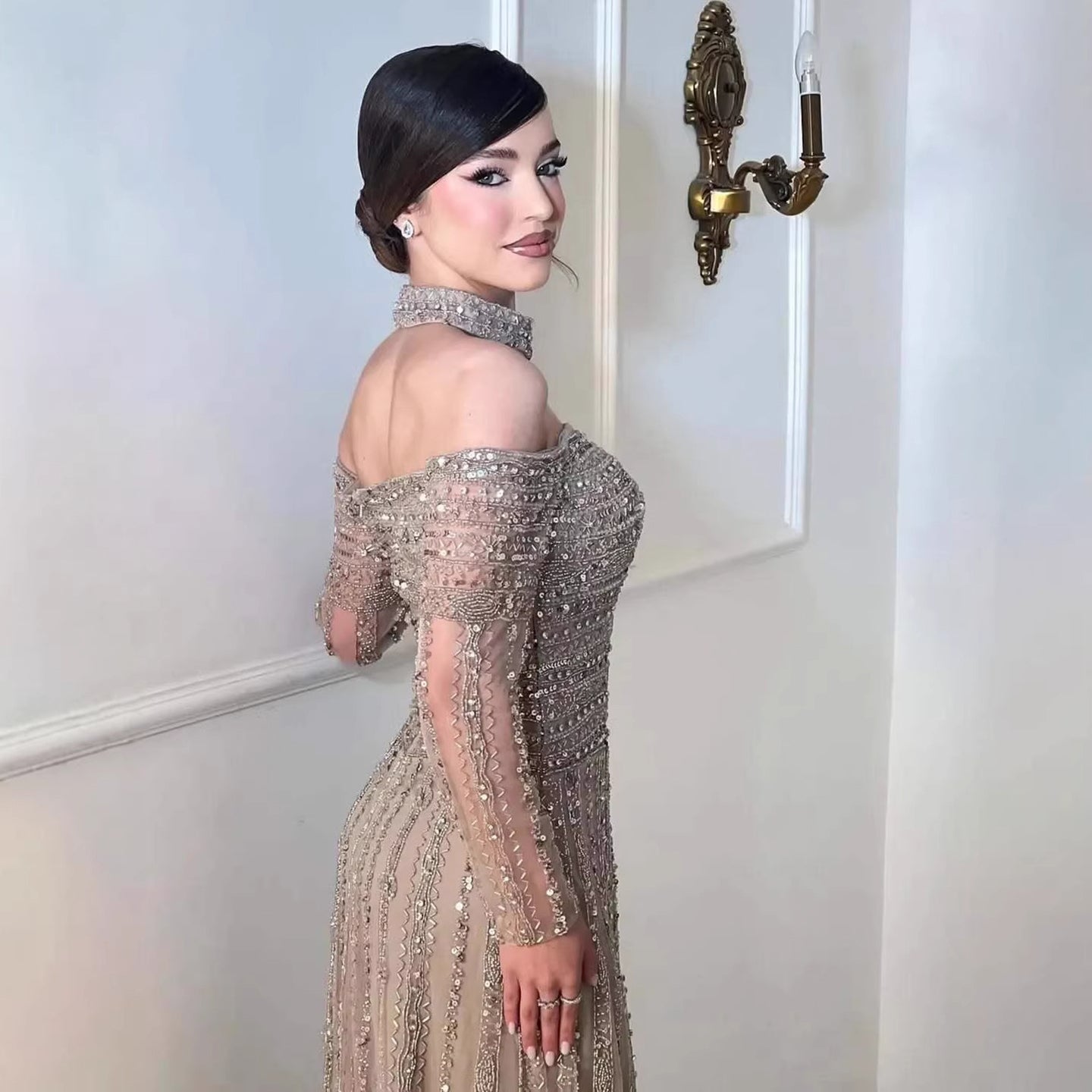 Luxury Caramel Off Shoulder Beaded Mermaid Evening Dress Long Sleeves LA73053