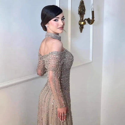 Luxury Caramel Off Shoulder Beaded Mermaid Evening Dress Long Sleeves LA73053