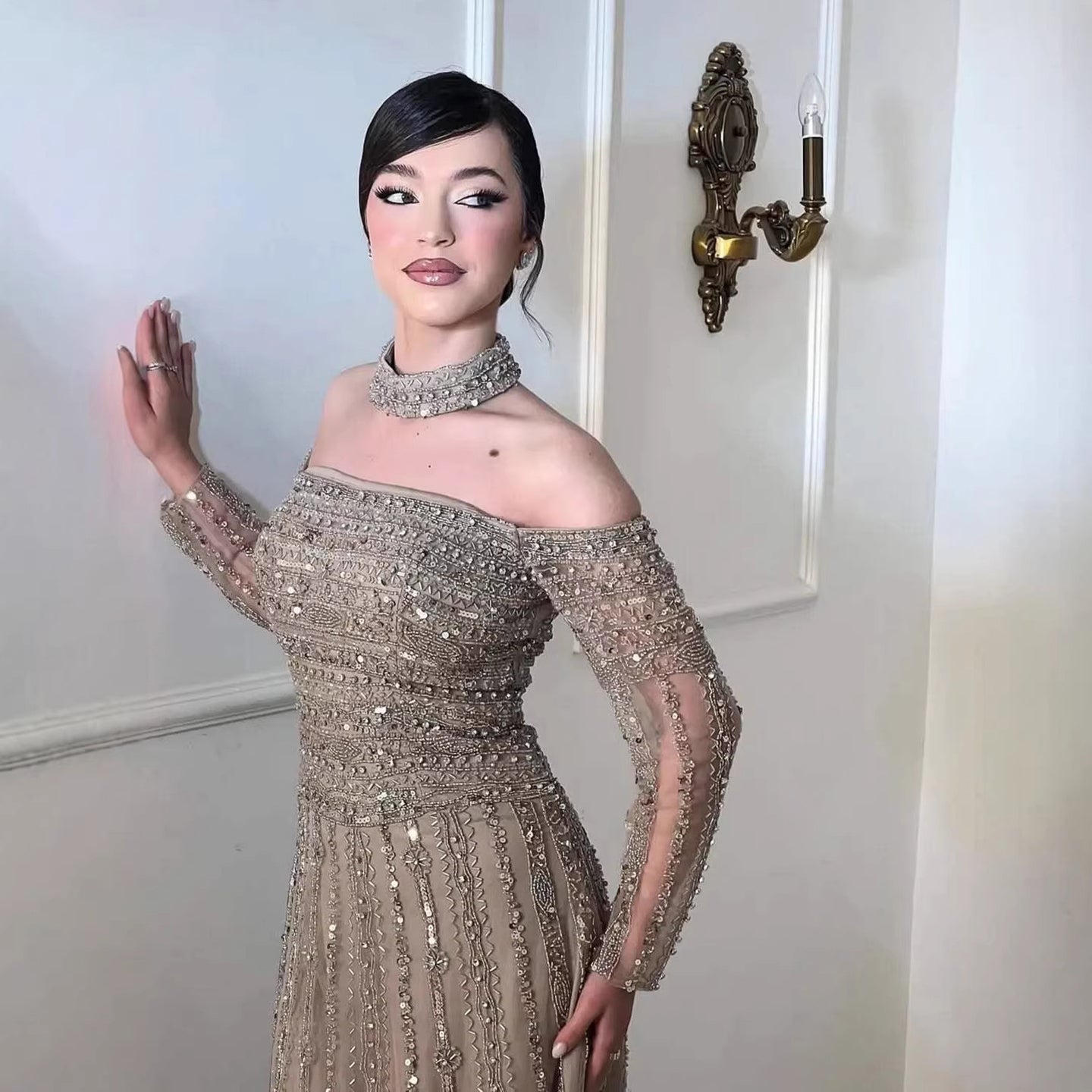 Luxury Caramel Off Shoulder Beaded Mermaid Evening Dress Long Sleeves LA73053