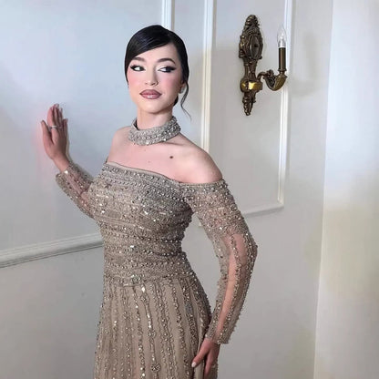 Luxury Caramel Off Shoulder Beaded Mermaid Evening Dress Long Sleeves LA73053