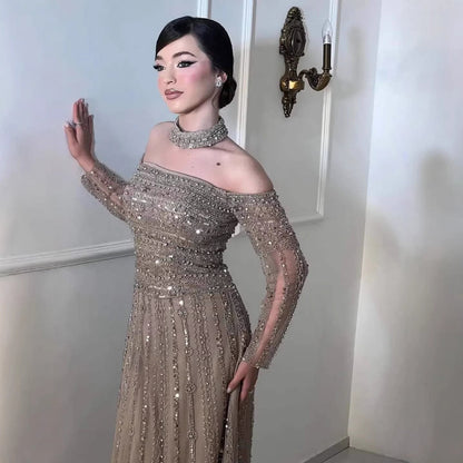 Luxury Caramel Off Shoulder Beaded Mermaid Evening Dress Long Sleeves LA73053