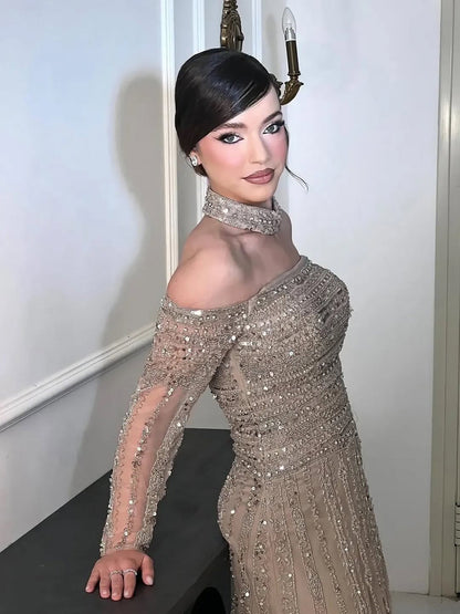 Luxury Caramel Off Shoulder Beaded Mermaid Evening Dress Long Sleeves LA73053
