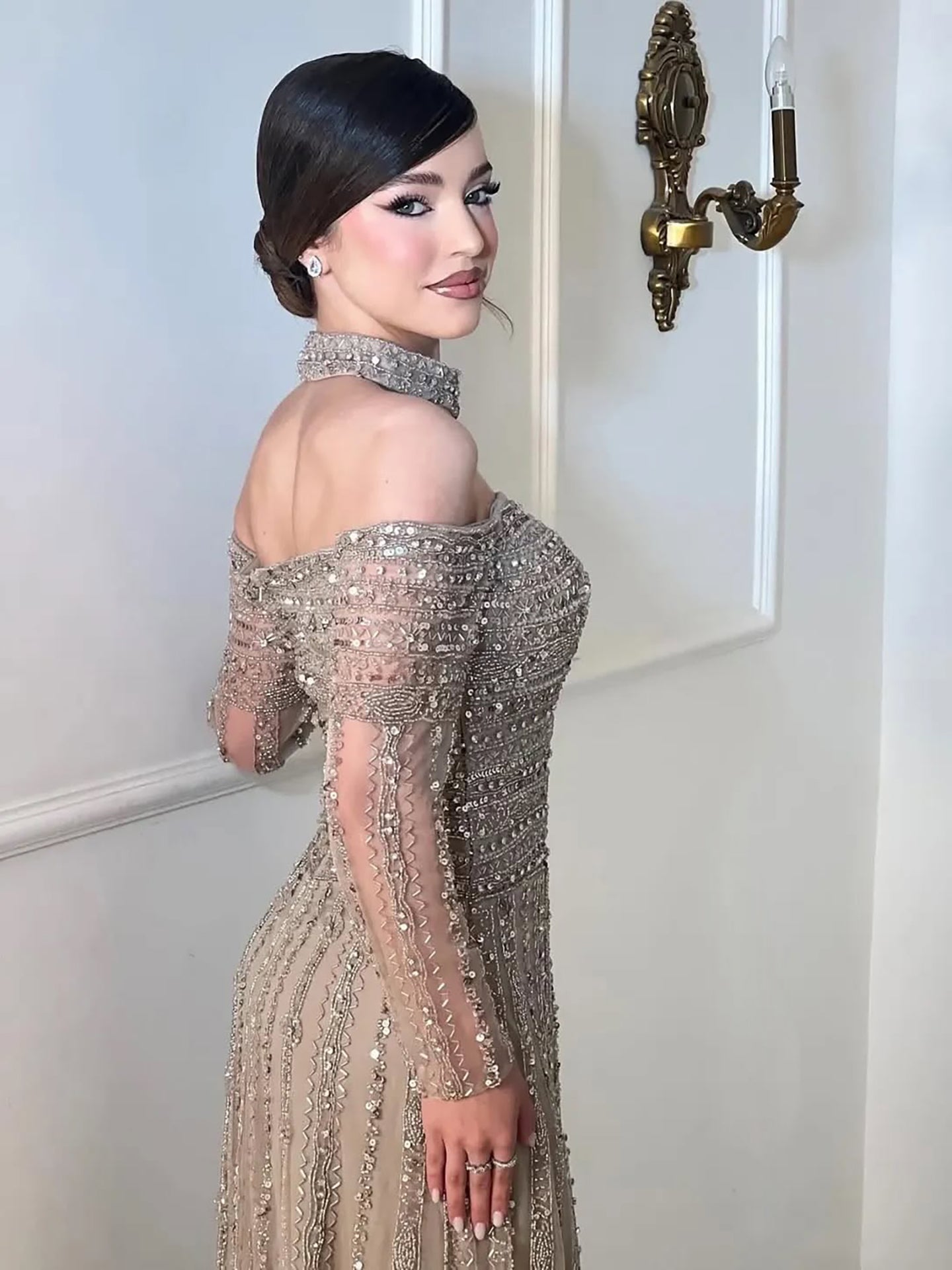 Luxury Caramel Off Shoulder Beaded Mermaid Evening Dress Long Sleeves LA73053