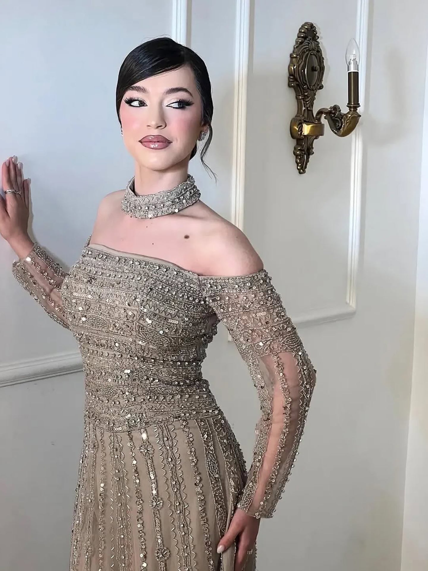 Luxury Caramel Off Shoulder Beaded Mermaid Evening Dress Long Sleeves LA73053