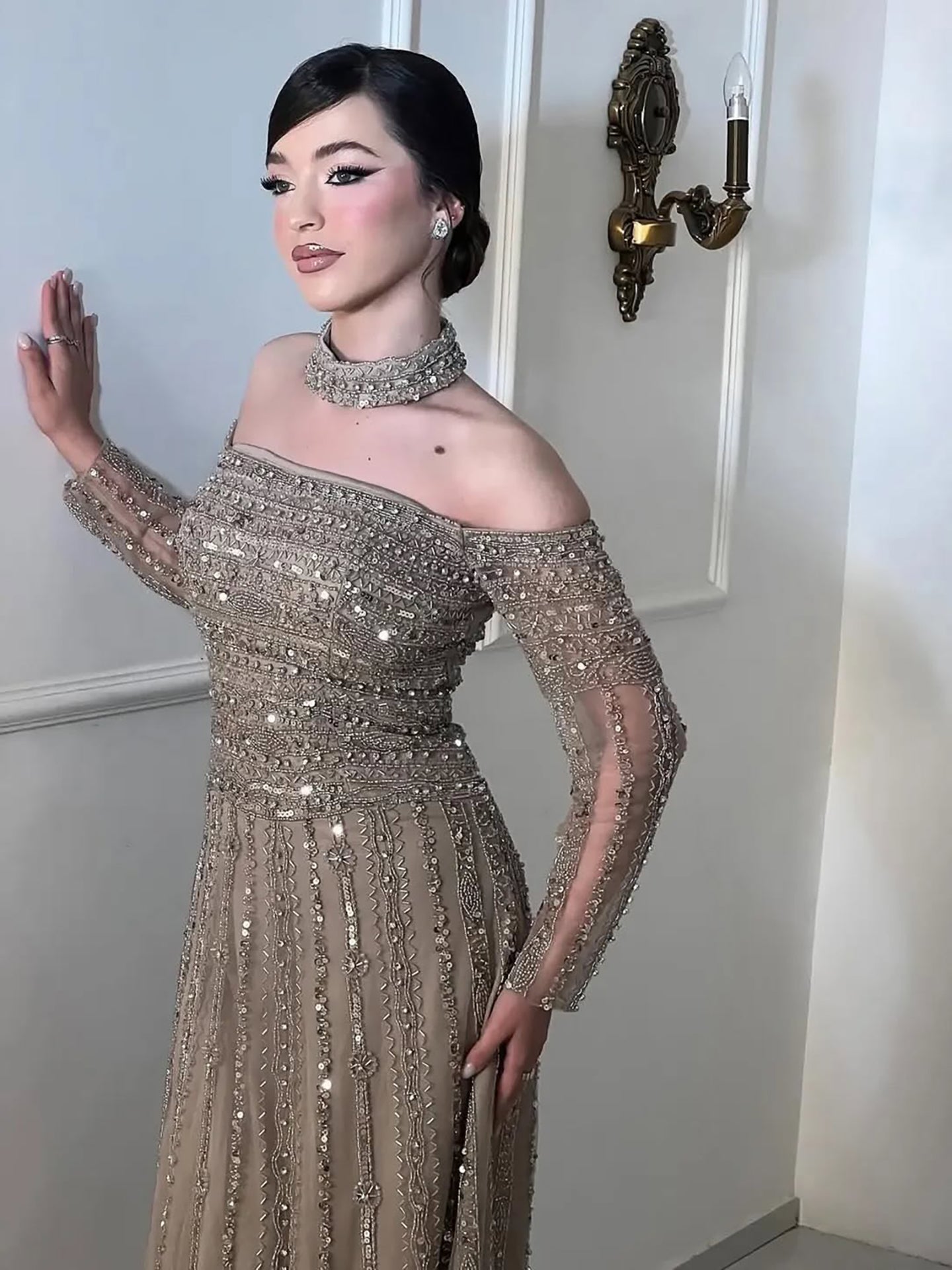 Luxury Caramel Off Shoulder Beaded Mermaid Evening Dress Long Sleeves LA73053