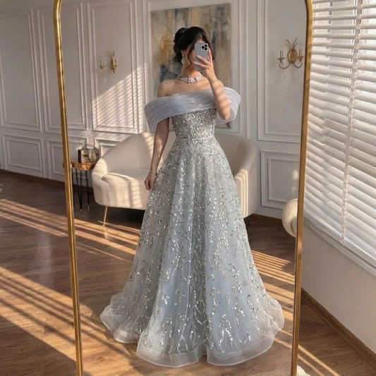 Glamorous Silver Gray Off-Shoulder Beaded Evening Dress LA73062